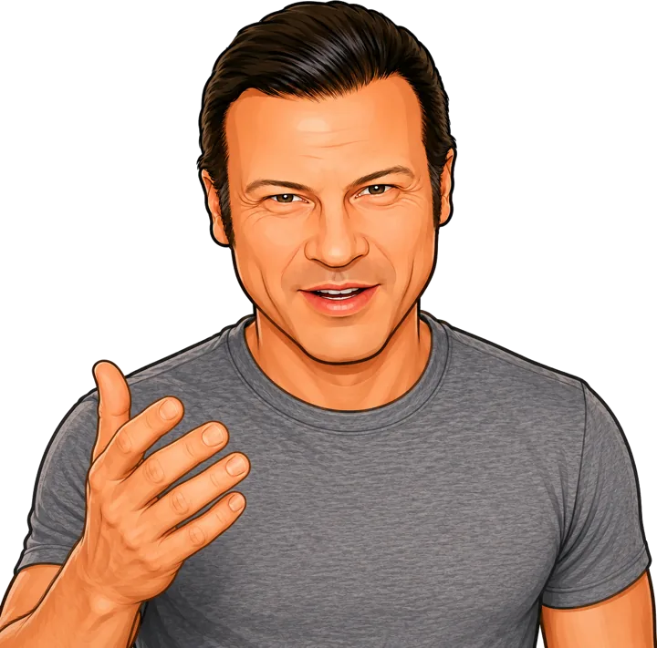 Marlo, the AiBizWorx host, in cartoon form: grey T-shirt, mid-sentence, hand open.